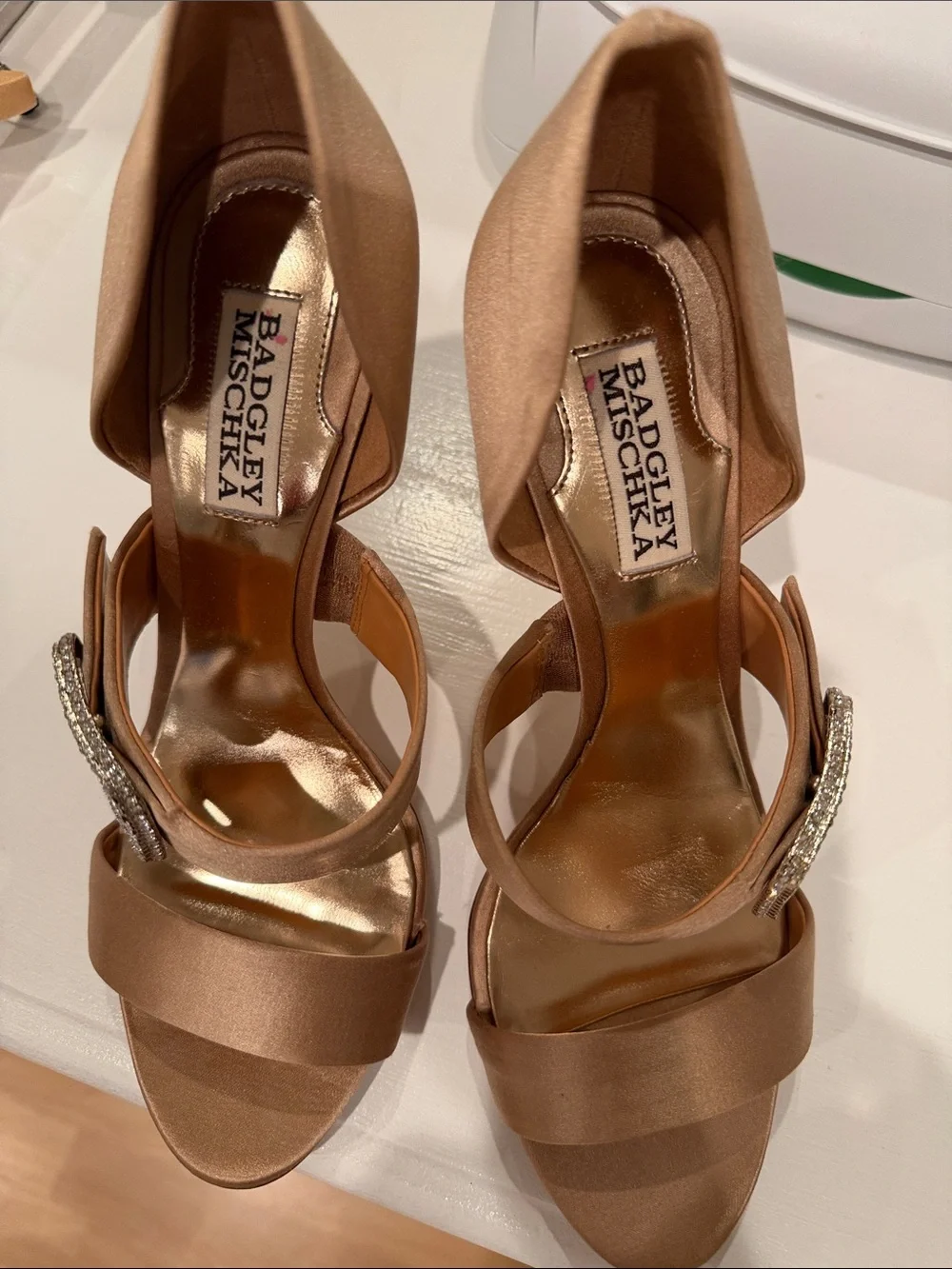 Badgley Mischka Satin D'Orsay Heels in Warm Champagne-Tan with Crystal Buckle.